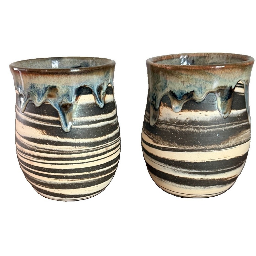 Western NC Studio Pottery Hand Thrown Agate Marbled Clay Cups Set of 2 Signed